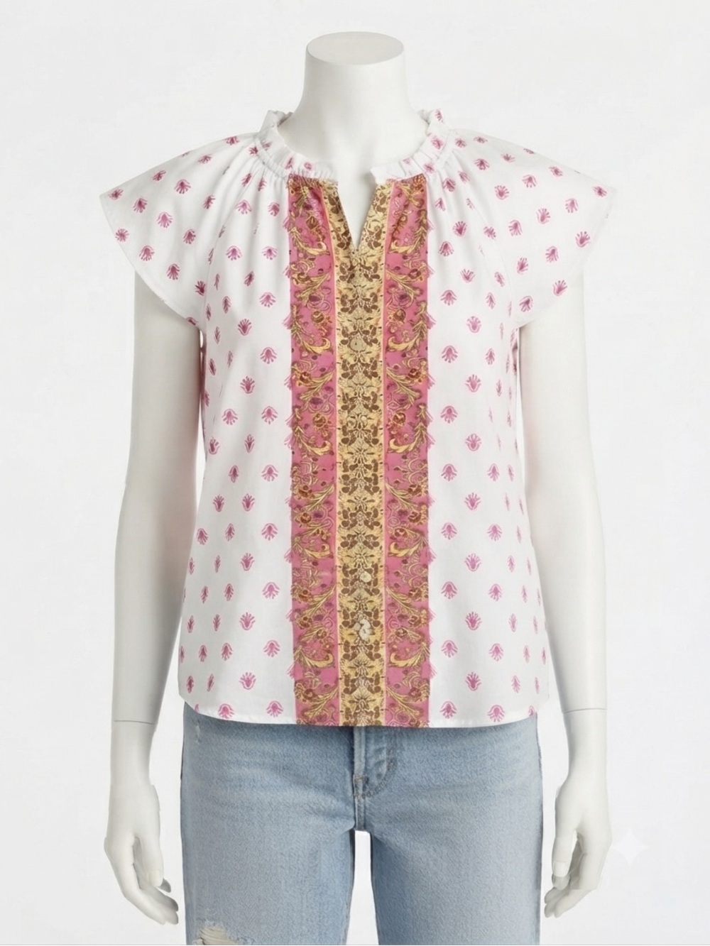 Pink and White Floral Print Top with Decorative Border.